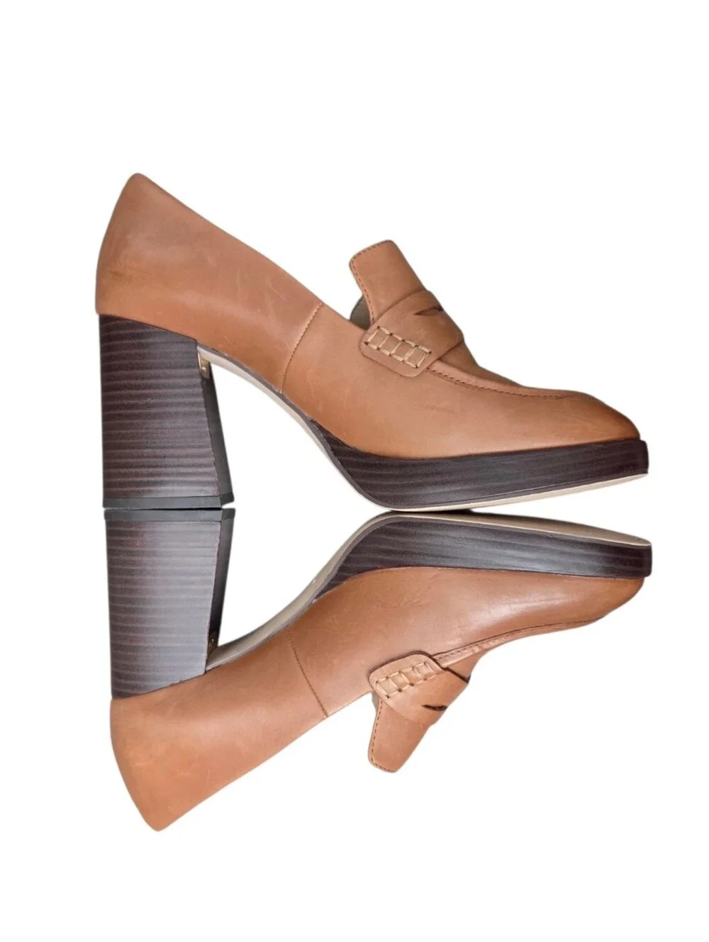 Clarks Zoya 85 Tan Leather Chunky Block Heel Penny Loafers Size 9.5 90s Retro